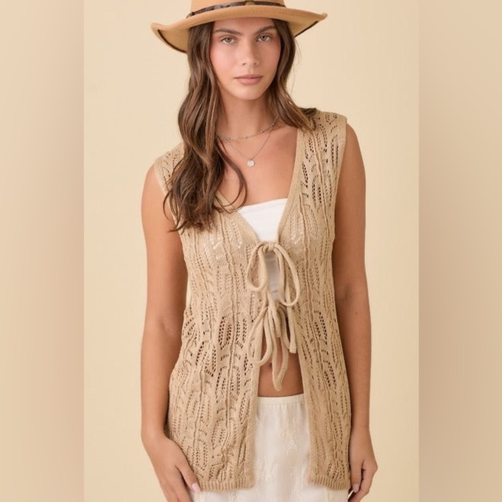 Long Crochet Knitted Vest with Front Ties - Main Strip